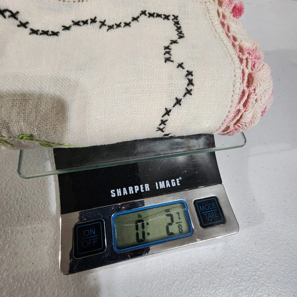Vintage Hand Embroidered Linen Table Runner Floral Crochet Lace Trim 38x12